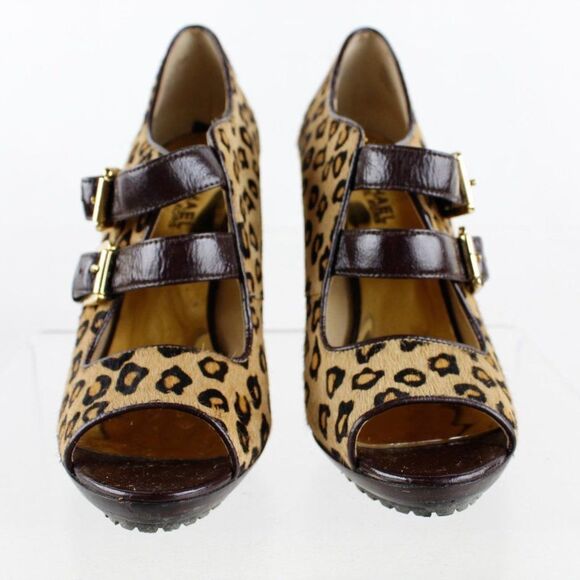 Michael Michael Kors Brown Calf Hair Leopard Peep Toe Mary Jane Heels SZ 7.5M - Picture 6 of 7